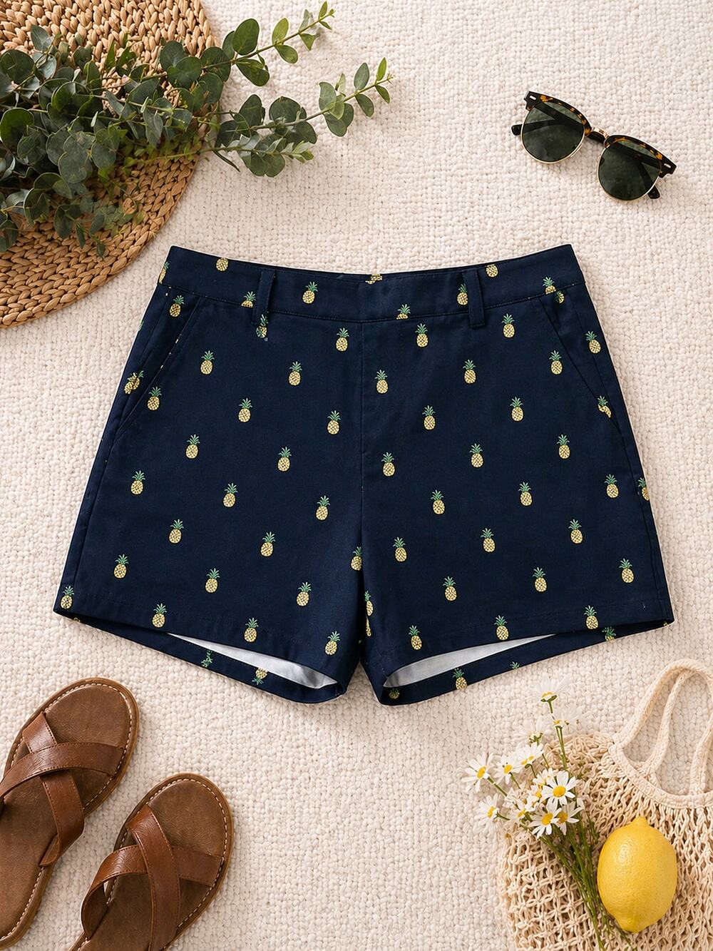 Vintage J.Crew Women's Pineapple Print Chino Shorts Navy Yellow Size 14 Stretch